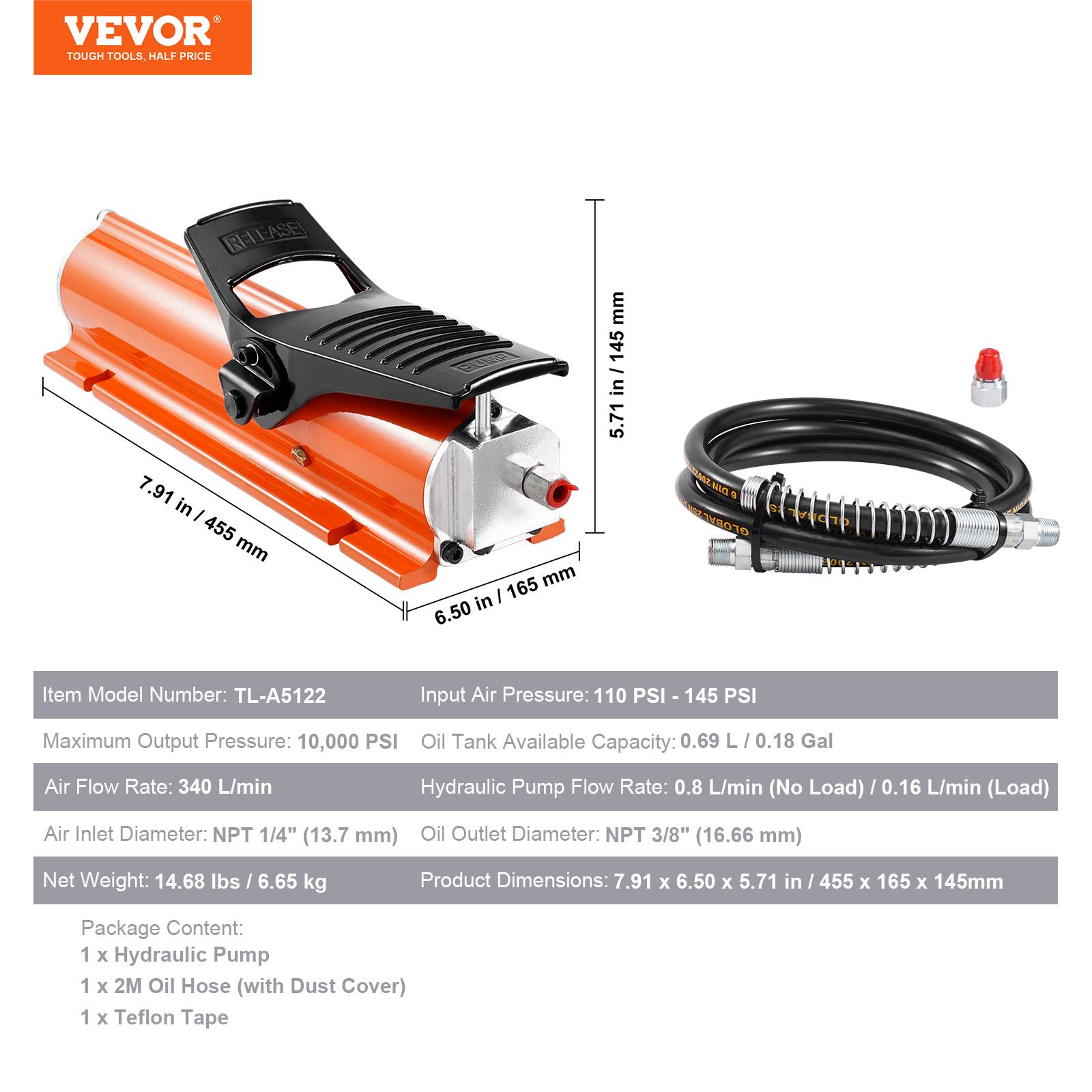 VEVOR Pompe hydraulique à air 10000 PSI, pied pneumatique métal, réservoir 0.69L, machines industrielles. - Image 7