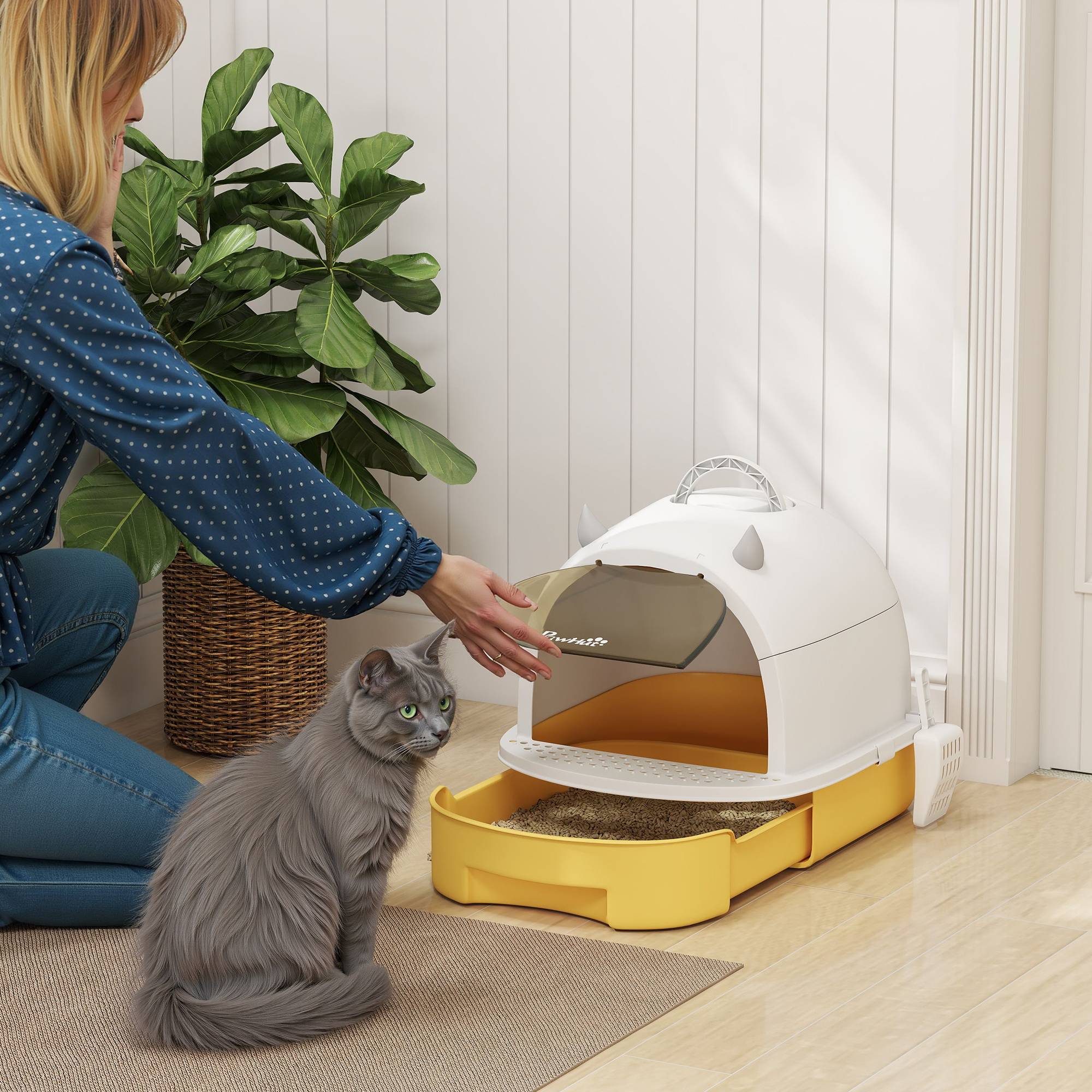 Sans Marque - Bac à litière fermé pour chat avec plateau amovible, filtre à charbon, pelle et poignée supérieure, 40,5 x 52 x 39 cm, jaune et blanc - Image 3
