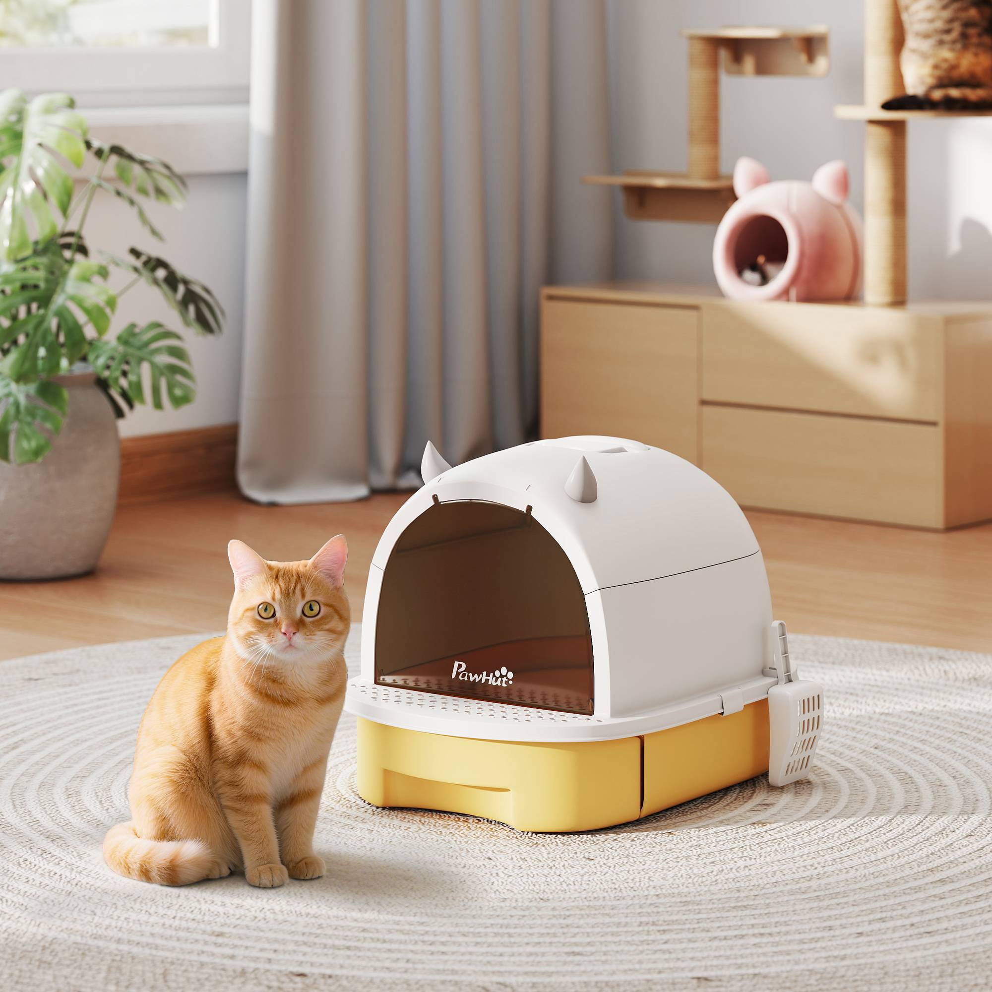 Sans Marque - Bac à litière fermé pour chat avec plateau amovible, filtre à charbon, pelle et poignée supérieure, 40,5 x 52 x 39 cm, jaune et blanc - Image 4