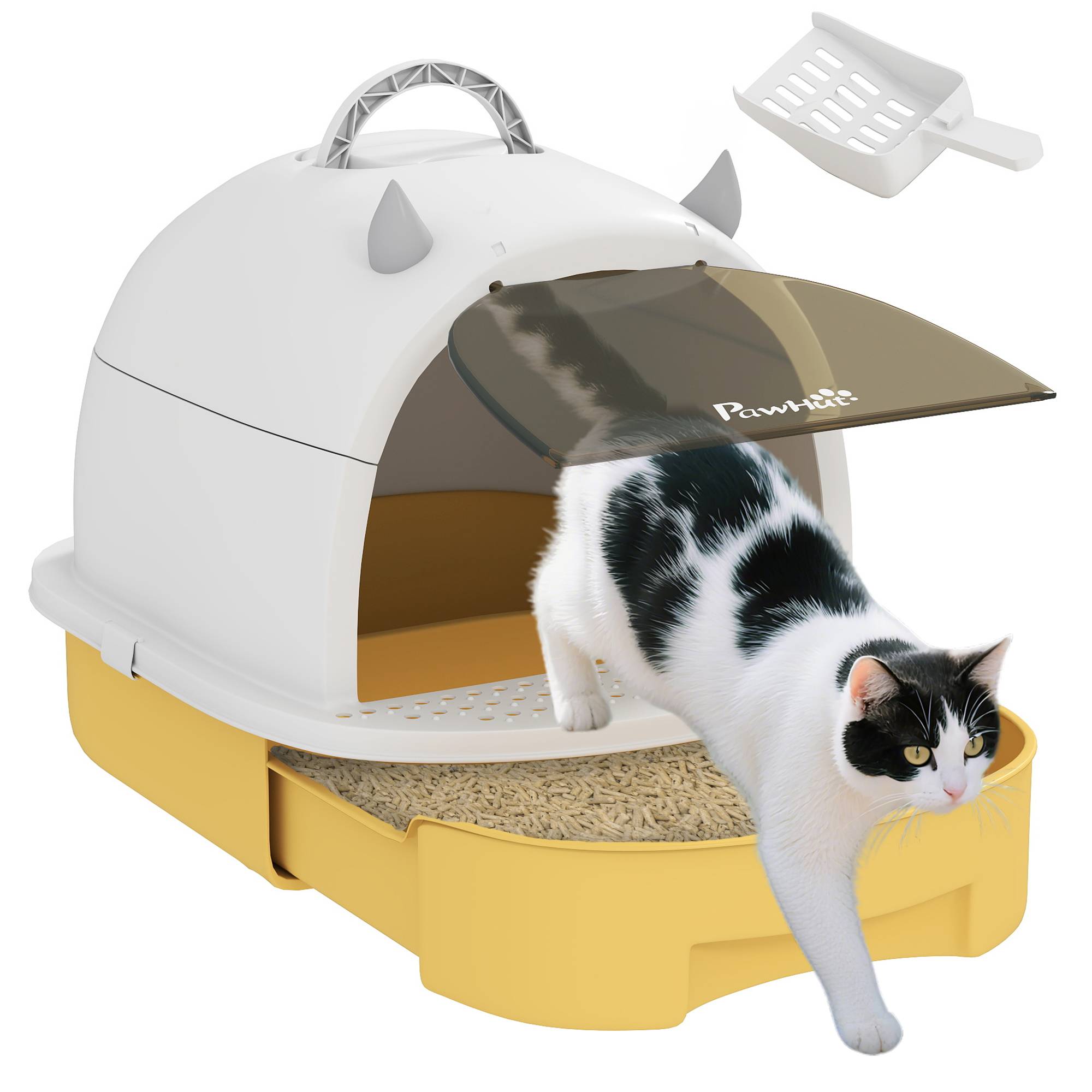 Sans Marque - Bac à litière fermé pour chat avec plateau amovible, filtre à charbon, pelle et poignée supérieure, 40,5 x 52 x 39 cm, jaune et blanc - Image 1