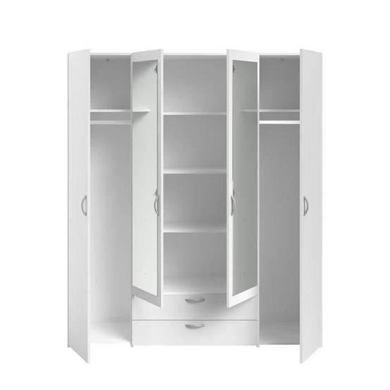 Armoire 4 portes battantes blanc avec 2 miroirs et 2 tiroirs, rangement penderie et 3 étagères - Parisot - Image 3