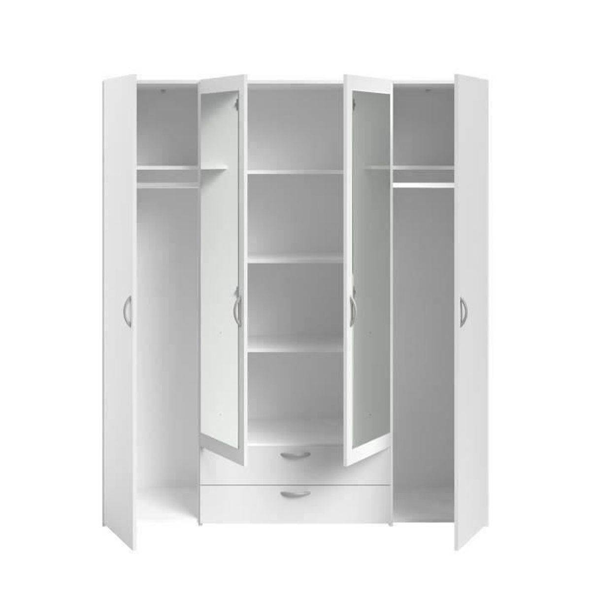 Armoire 4 portes battantes blanc avec 2 miroirs et 2 tiroirs, rangement penderie et 3 étagères - Parisot - Image 3