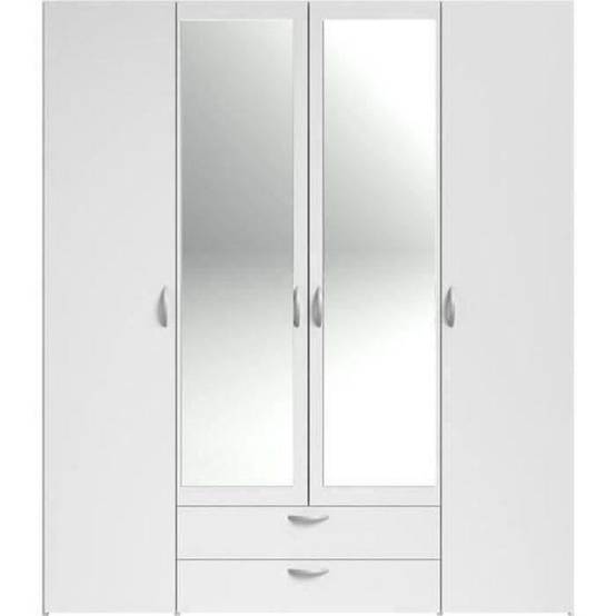 Armoire 4 portes battantes blanc avec 2 miroirs et 2 tiroirs, rangement penderie et 3 étagères - Parisot - Image 4