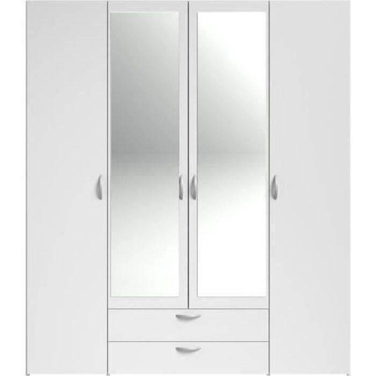 Armoire 4 portes battantes blanc avec 2 miroirs et 2 tiroirs, rangement penderie et 3 étagères - Parisot - Image 4