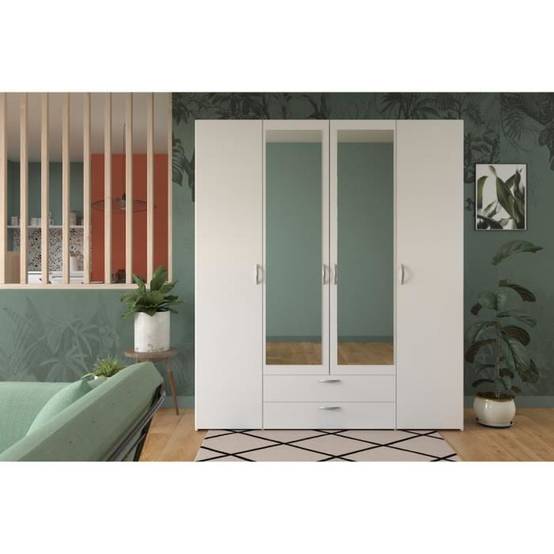 Armoire 4 portes battantes blanc avec 2 miroirs et 2 tiroirs, rangement penderie et 3 étagères - Parisot - Image 2