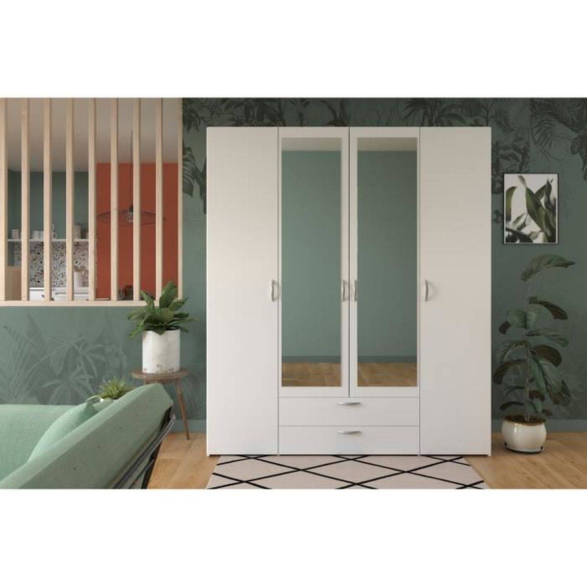 Armoire 4 portes battantes blanc avec 2 miroirs et 2 tiroirs, rangement penderie et 3 étagères - Parisot - Image 2