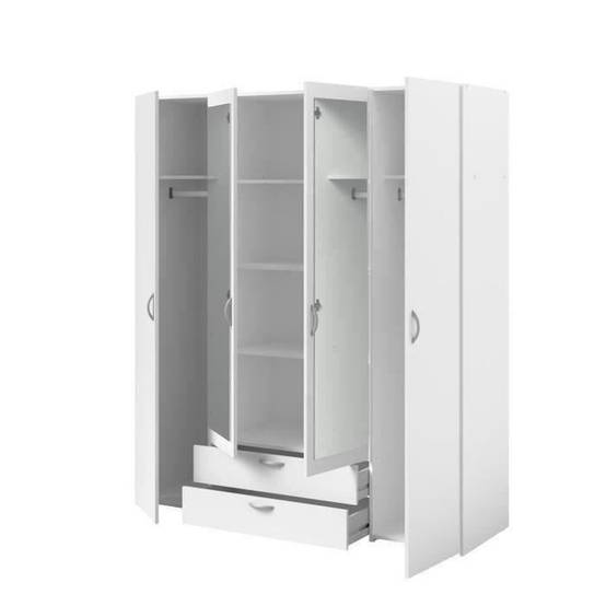 Armoire 4 portes battantes blanc avec 2 miroirs et 2 tiroirs, rangement penderie et 3 étagères - Parisot - Image 5