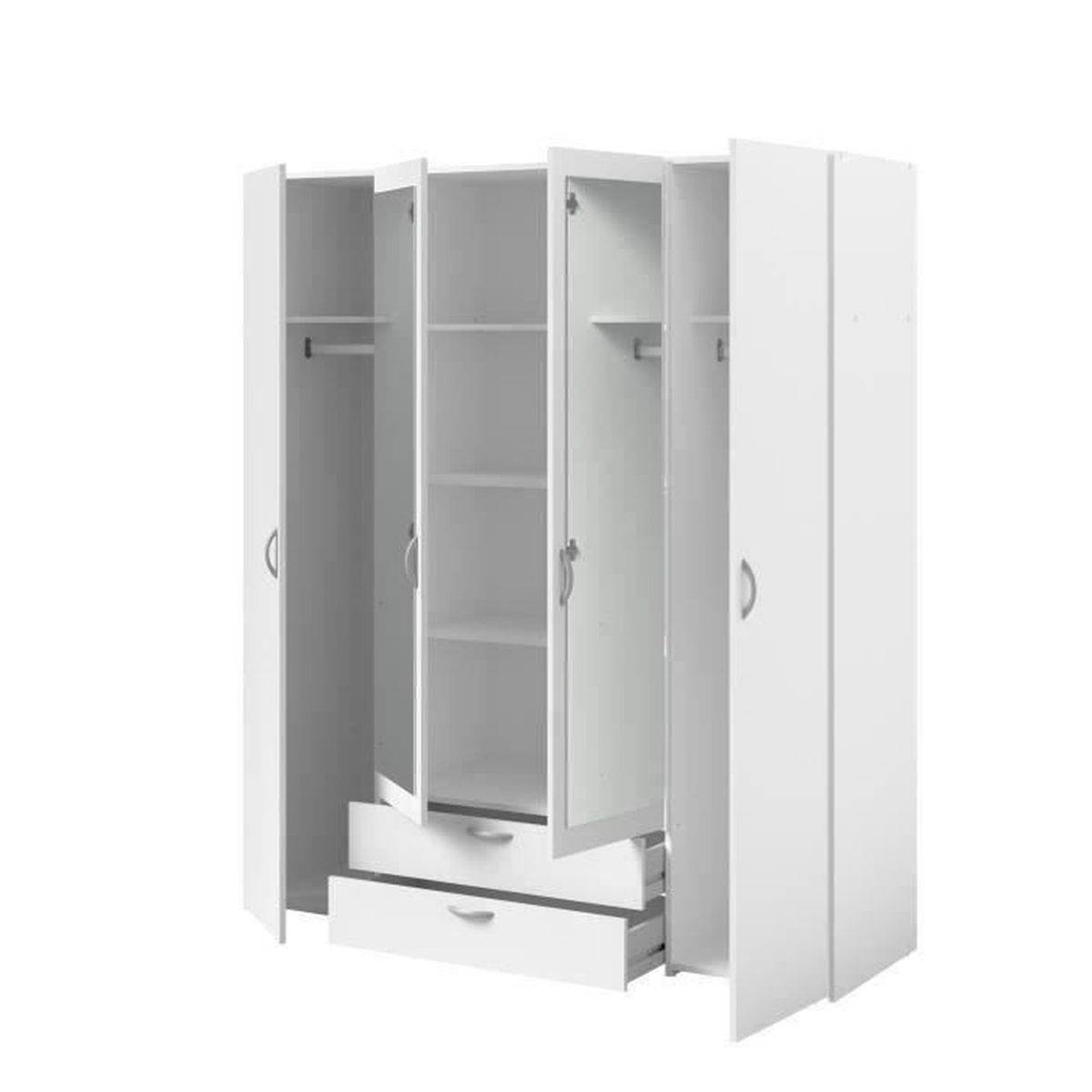Armoire 4 portes battantes blanc avec 2 miroirs et 2 tiroirs, rangement penderie et 3 étagères - Parisot - Image 5