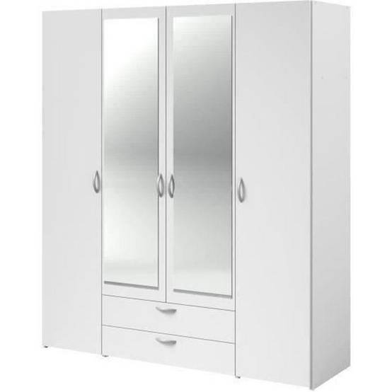 Armoire 4 portes battantes blanc avec 2 miroirs et 2 tiroirs, rangement penderie et 3 étagères - Parisot - Image 1