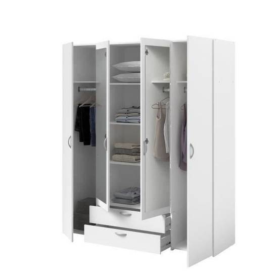 Armoire 4 portes battantes blanc avec 2 miroirs et 2 tiroirs, rangement penderie et 3 étagères - Parisot - Image 6