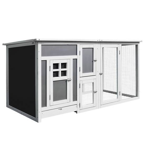 Poulailler en bois 160×75×80 cm, porte, pondoir, toit étanche, tiroir amovible, perchoir, enclos pour 1‑2 poules, jardin gris‑blanc - Image 2
