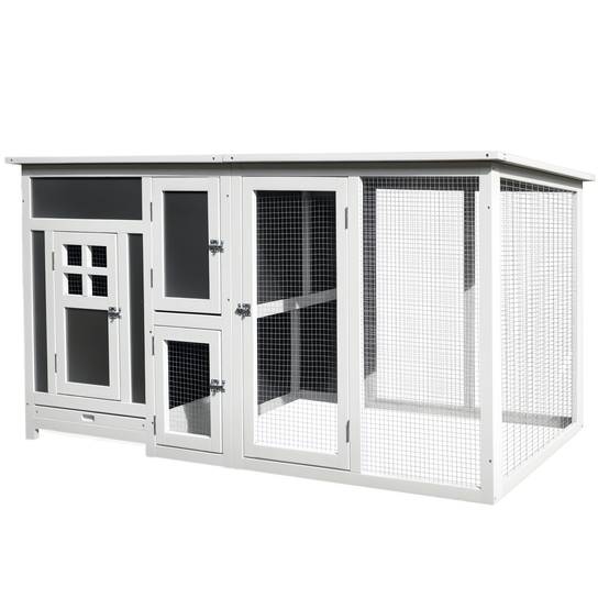 Poulailler en bois 160×75×80 cm, porte, pondoir, toit étanche, tiroir amovible, perchoir, enclos pour 1‑2 poules, jardin gris‑blanc - Image 1