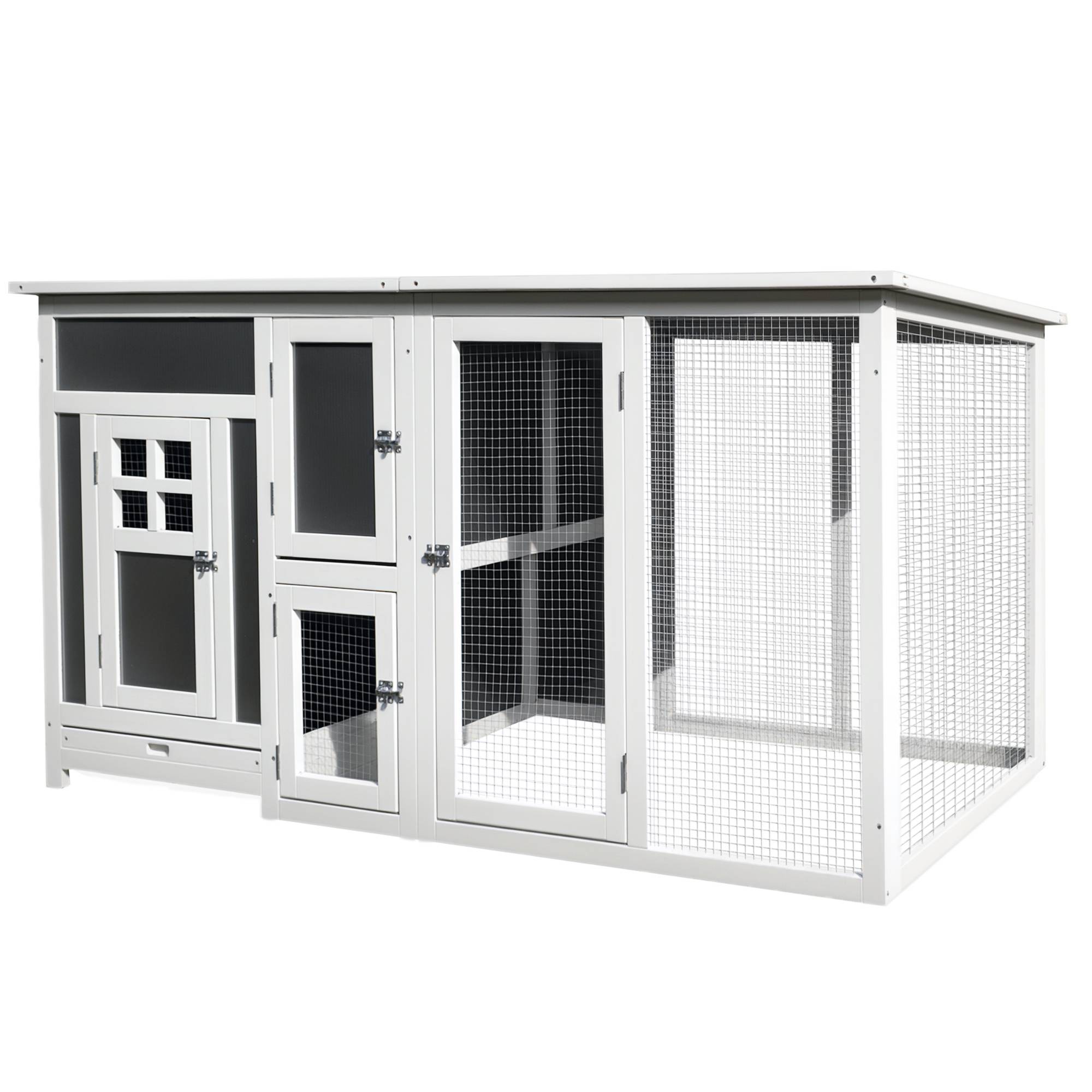 Poulailler en bois 160×75×80 cm, porte, pondoir, toit étanche, tiroir amovible, perchoir, enclos pour 1‑2 poules, jardin gris‑blanc - Image 1