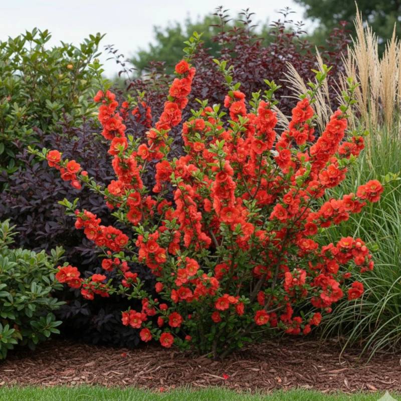 Cognassier du Japon Mango Storm® 'Mincha01', Chaenomeles à fleurs Rouge - feuillage Caduc - Pot de 3L - 20/40 cm-  hauteur à maturité De 3,00 m à 5,00 - Image 5