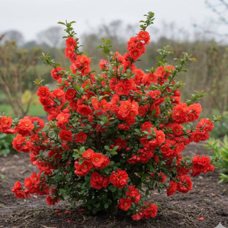 Cognassier du Japon Mango Storm® 'Mincha01', Chaenomeles à fleurs Rouge - feuillage Caduc - Pot de 3L - 20/40 cm-  hauteur à maturité De 3,00 m à 5,00 - Image 3