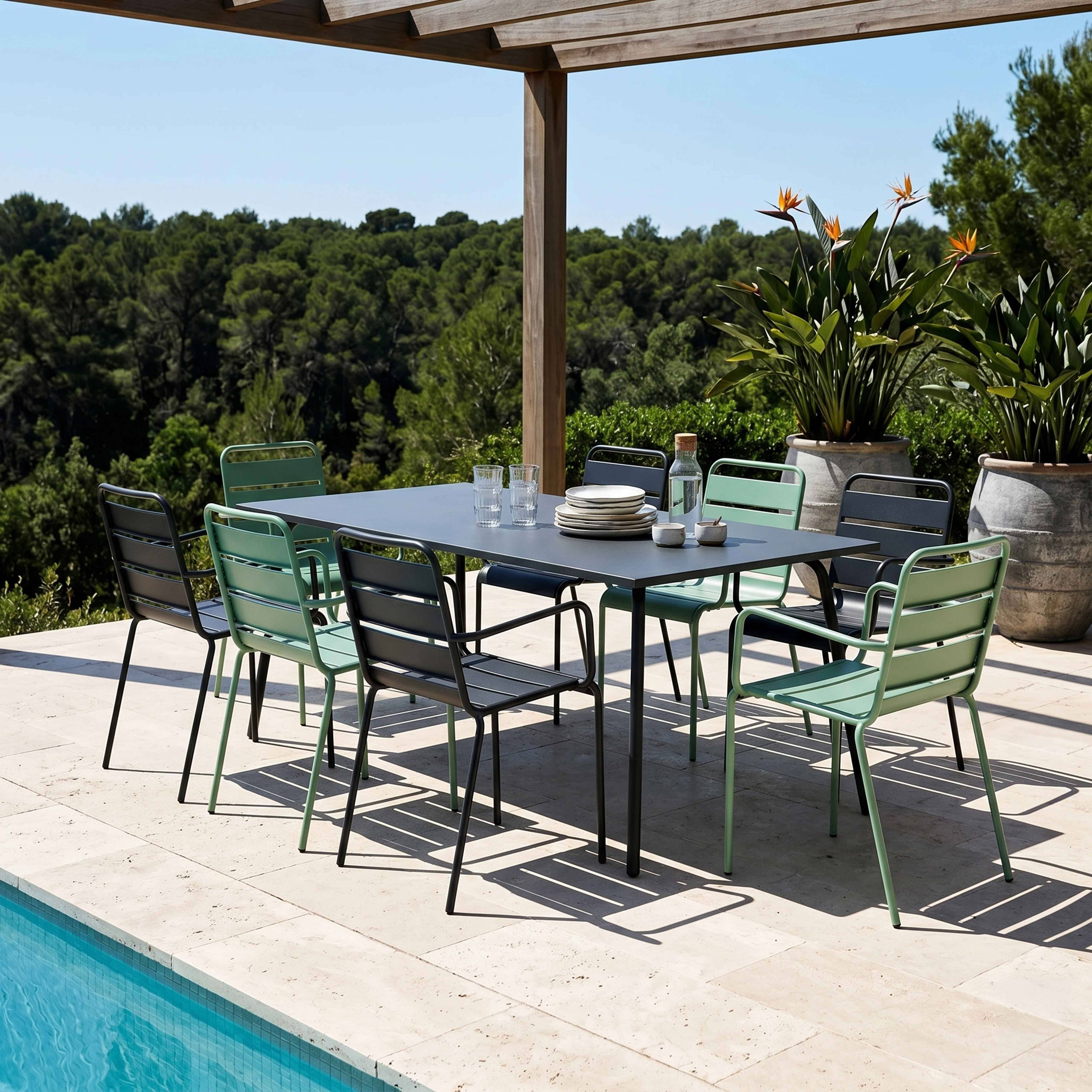 Oviala - Ensemble table de jardin et 8 fauteuils en métal vert sauge et gris Palavas - Oviala - Image 2