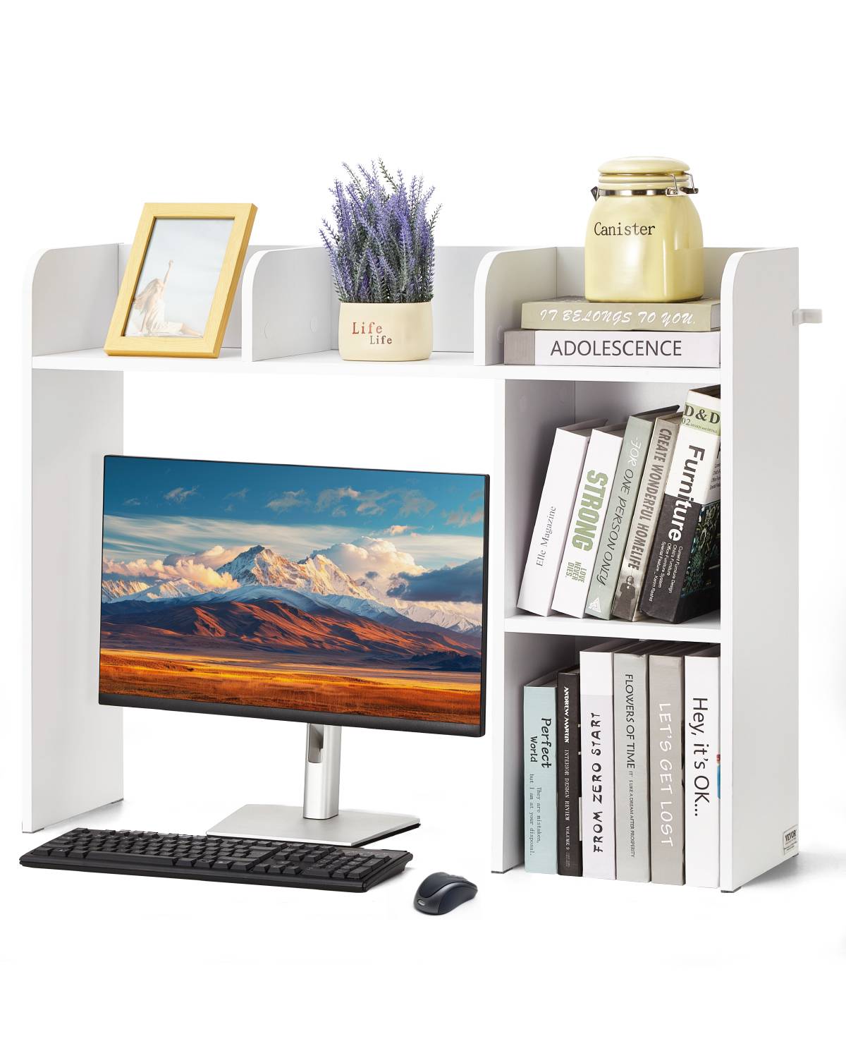 VEVOR Étagère poser bureau 2 niveaux, 94.5x24.1x73.4cm, bois, antidérapant, blanc. - Image 1