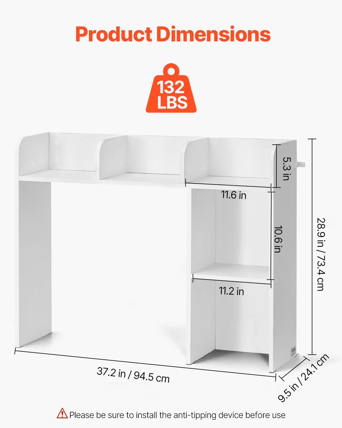 VEVOR Étagère poser bureau 2 niveaux, 94.5x24.1x73.4cm, bois, antidérapant, blanc. - Image 3