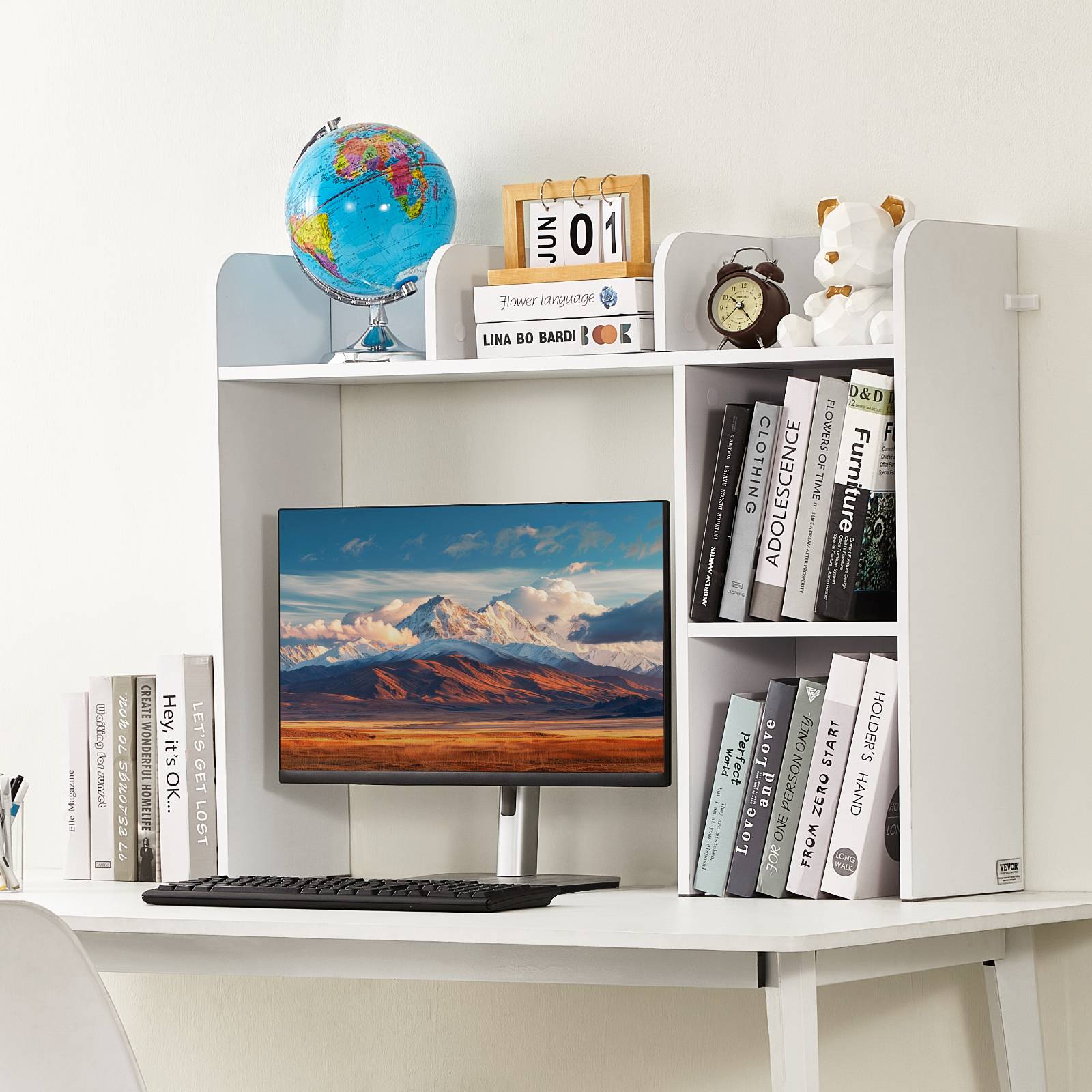 VEVOR Étagère poser bureau 2 niveaux, 94.5x24.1x73.4cm, bois, antidérapant, blanc. - Image 8