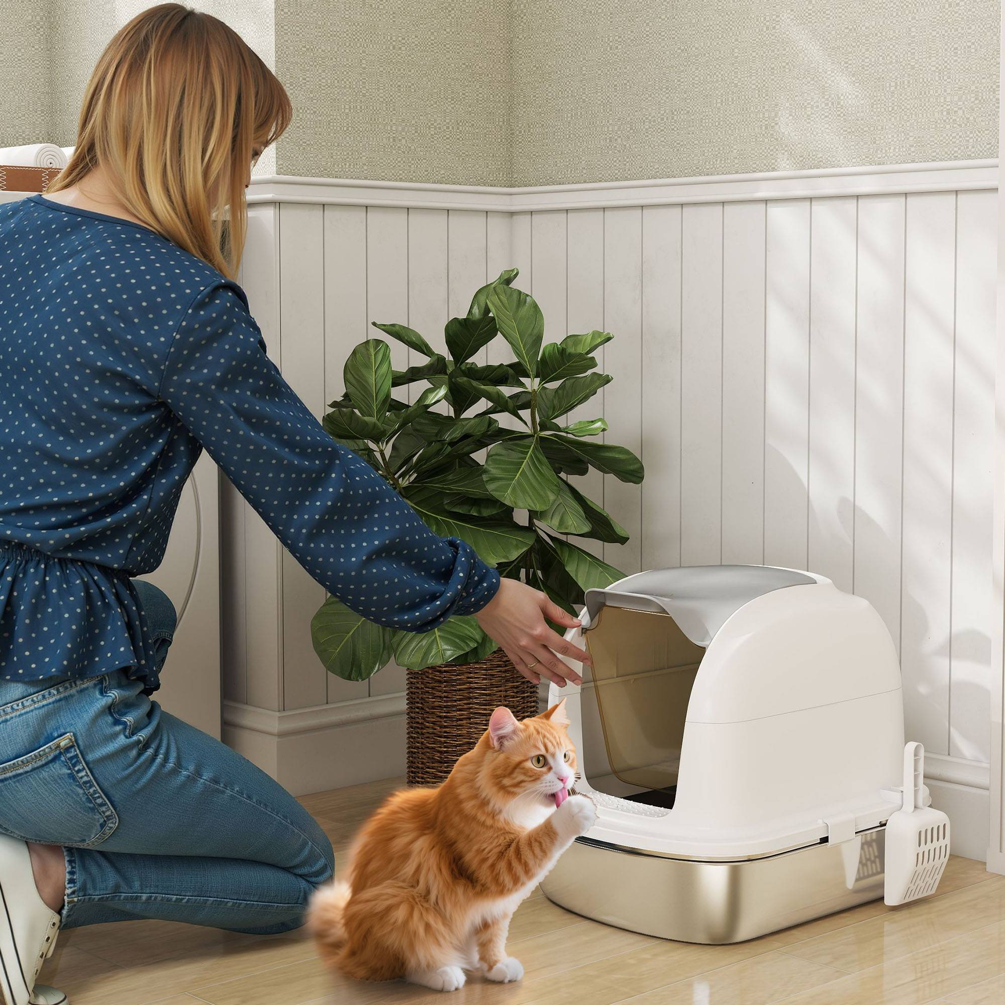 Sans Marque - Litière inox couvercle, bac, pelle, pour chat -5kg, 52,4x41,3x42cm, Blanc - Image 3