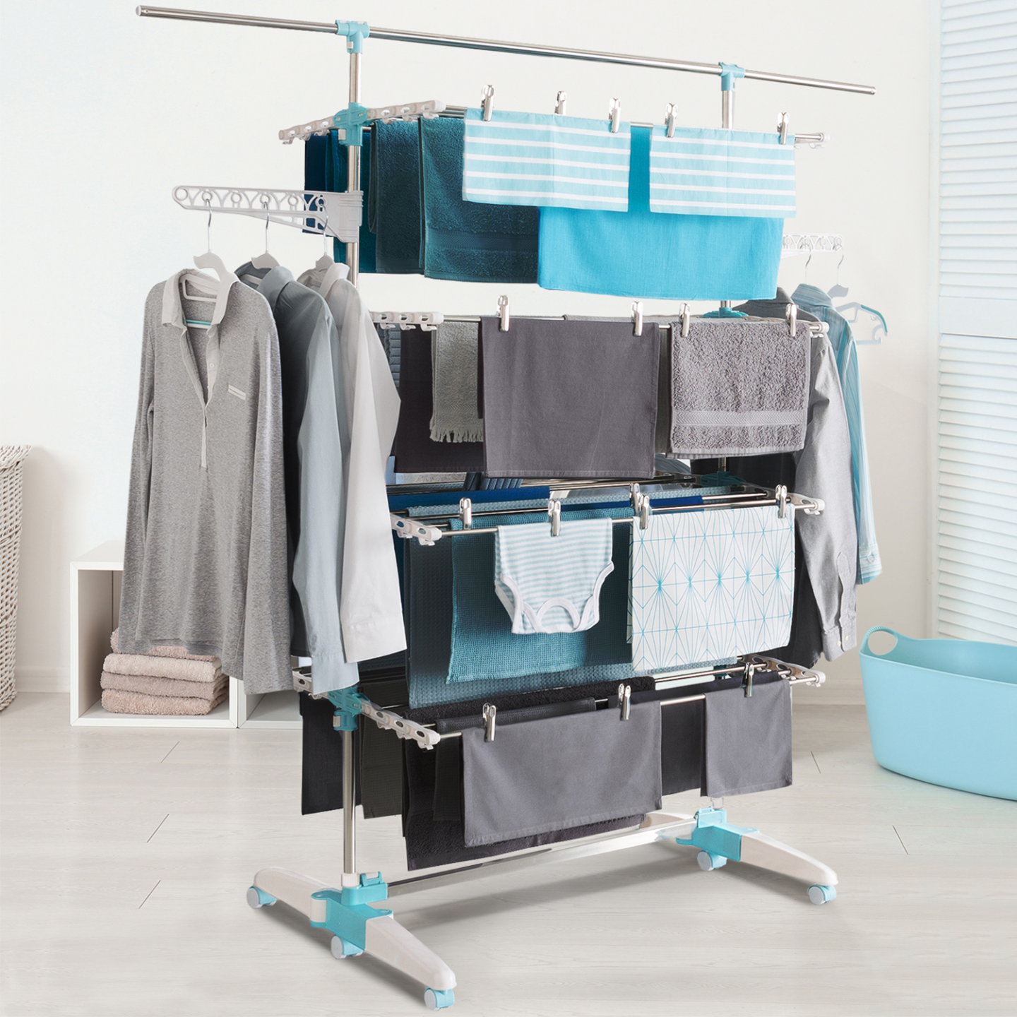Séchoir à linge vertical pliable 4 niveaux OPTIMUM capacité 30M avec tringle télescopique blanc et bleu - Image 1