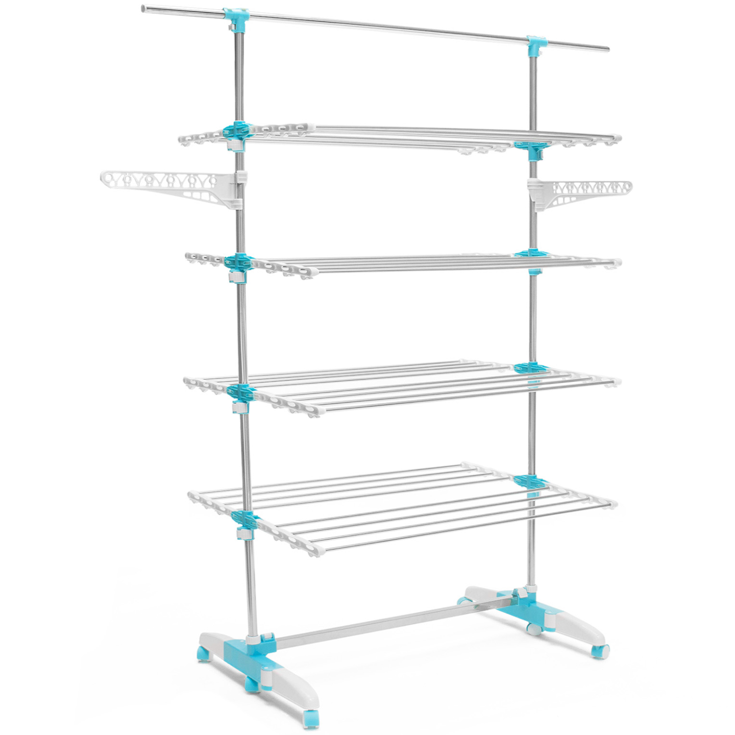 Séchoir à linge vertical pliable 4 niveaux OPTIMUM capacité 30M avec tringle télescopique blanc et bleu - Image 4