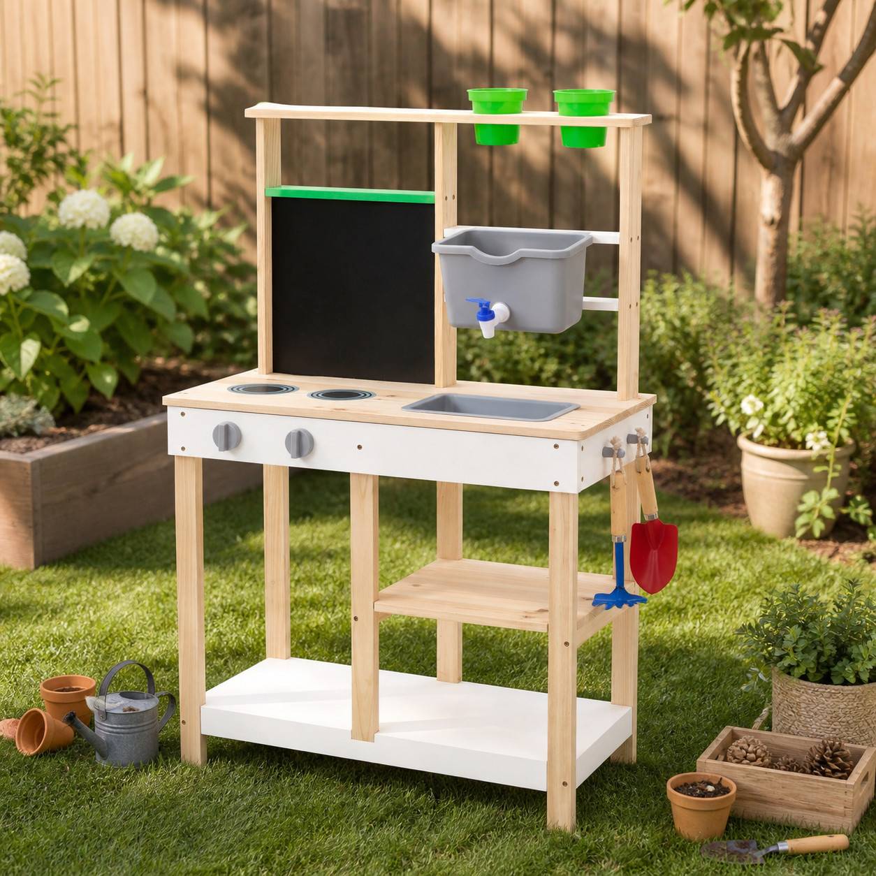 Cuisine Extérieure Bois avec Accessoires et Évier, Beige, Teamson Kids