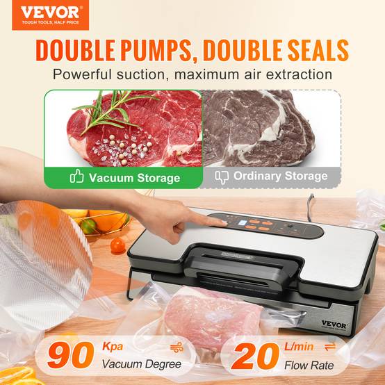 VEVOR Machine sous vide 90 kPa 130W, scelleuse auto/manuel, coupeur intégré, 2 rouleaux, tuyau externe. - Image 2