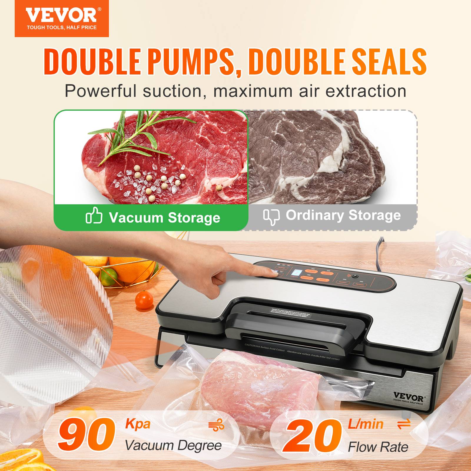 VEVOR Machine sous vide 90 kPa 130W, scelleuse auto/manuel, coupeur intégré, 2 rouleaux, tuyau externe. - Image 2