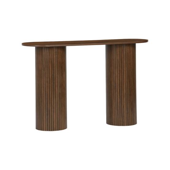 sweeek - Console ovale scandinave décor bois rainuré. pieds ronds. couleur noyer. L 120 x P 35 x H 75cm | sweeek - Image 2
