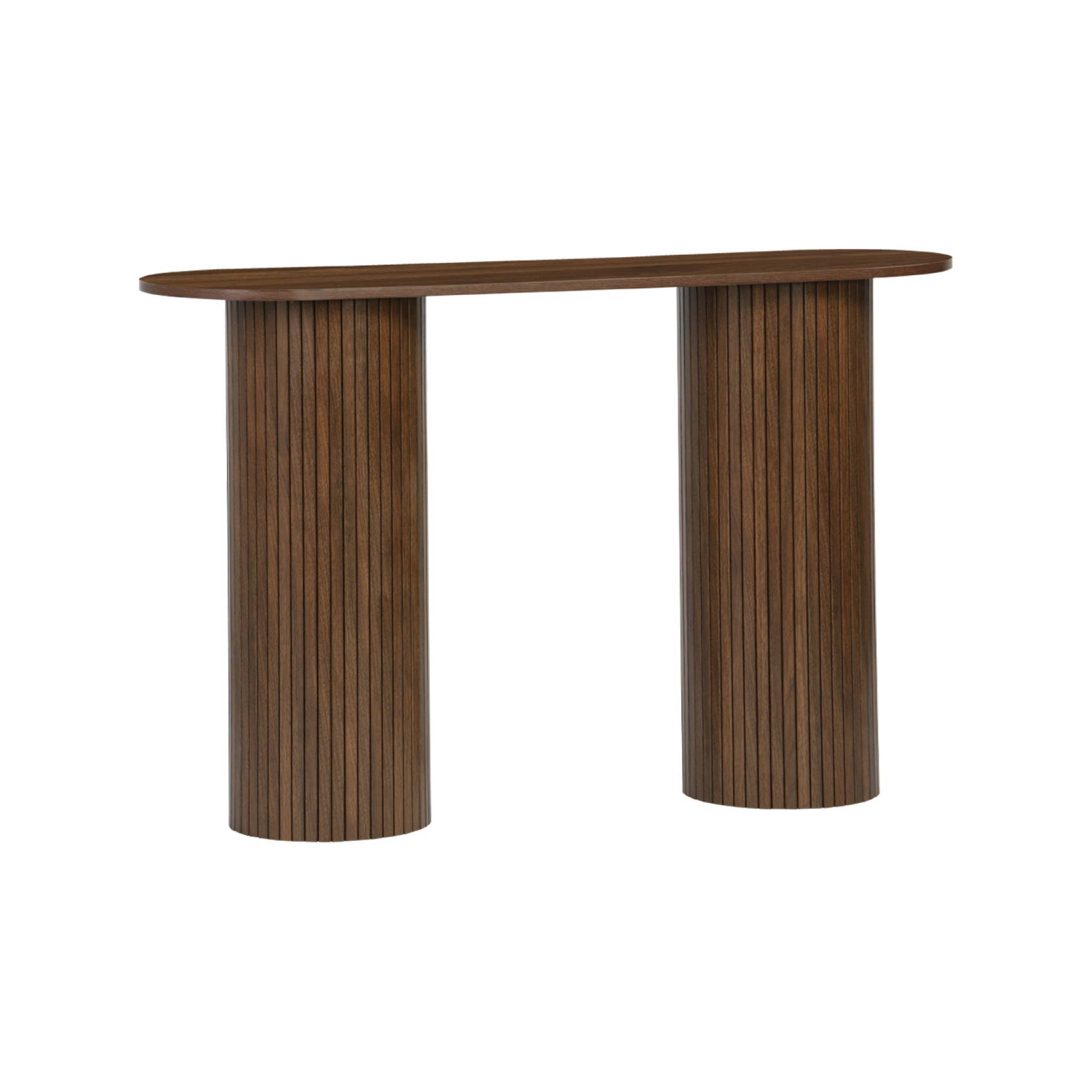 sweeek - Console ovale scandinave décor bois rainuré. pieds ronds. couleur noyer. L 120 x P 35 x H 75cm | sweeek - Image 2