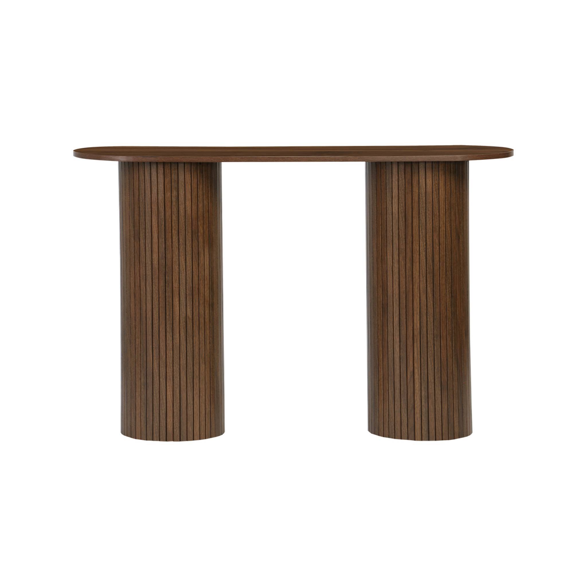 sweeek - Console ovale scandinave décor bois rainuré. pieds ronds. couleur noyer. L 120 x P 35 x H 75cm | sweeek - Image 5