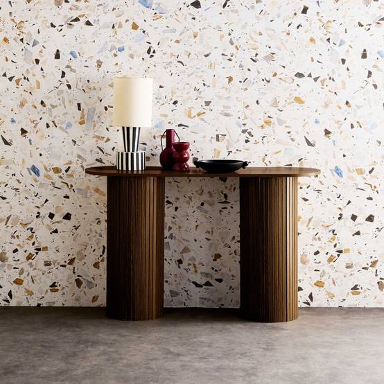 sweeek - Console ovale scandinave décor bois rainuré. pieds ronds. couleur noyer. L 120 x P 35 x H 75cm | sweeek - Image 1