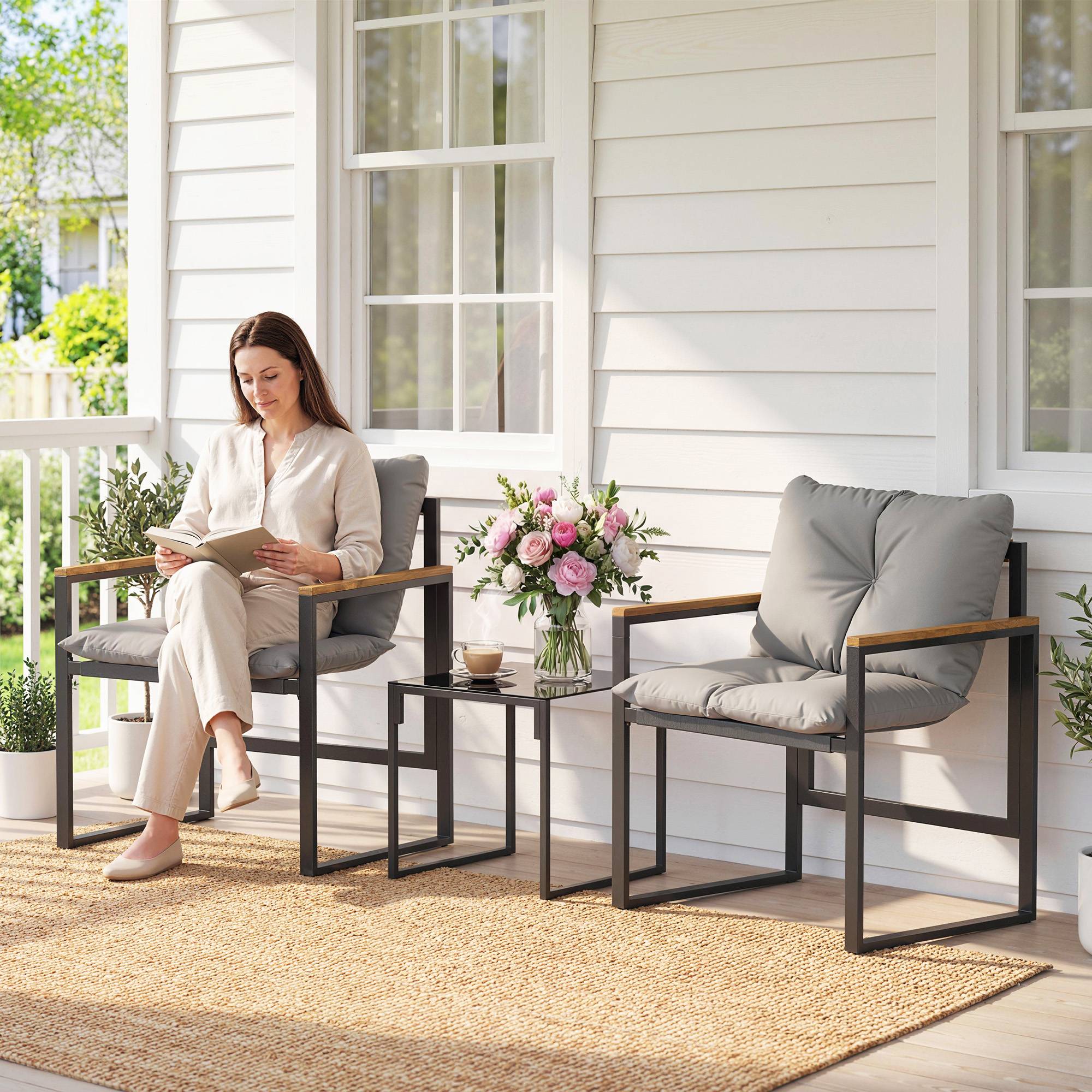 Ensemble table et chaises de jardin en métal pour 3 personnes avec coussins épais, multicolore - Image 3