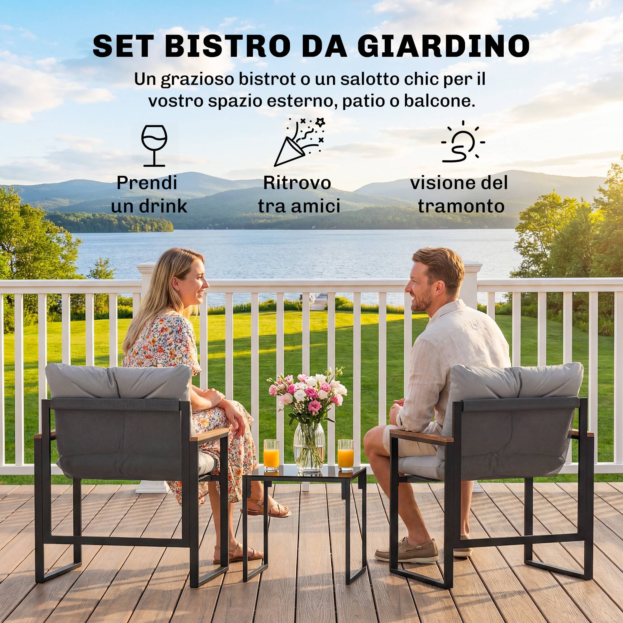 Ensemble table et chaises de jardin en métal pour 3 personnes avec coussins épais, multicolore - Image 6