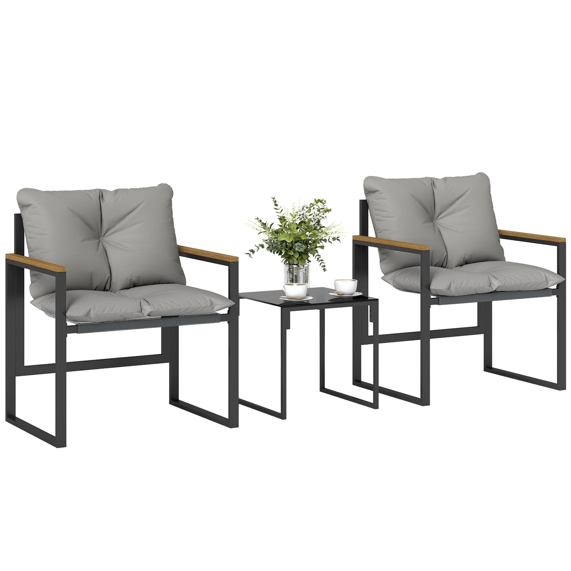 Ensemble table et chaises de jardin en métal pour 3 personnes avec coussins épais, multicolore