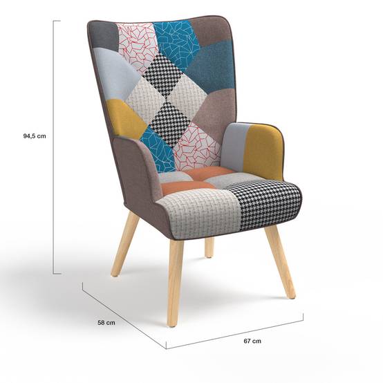Fauteuil scandinave IVAR avec repose pieds en tissu patchwork multicouleurs - Image 6