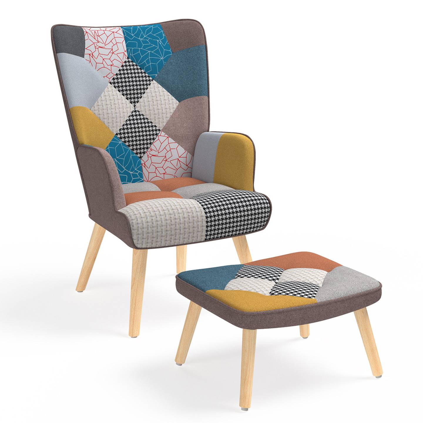 Fauteuil scandinave IVAR avec repose pieds en tissu patchwork multicouleurs - Image 2