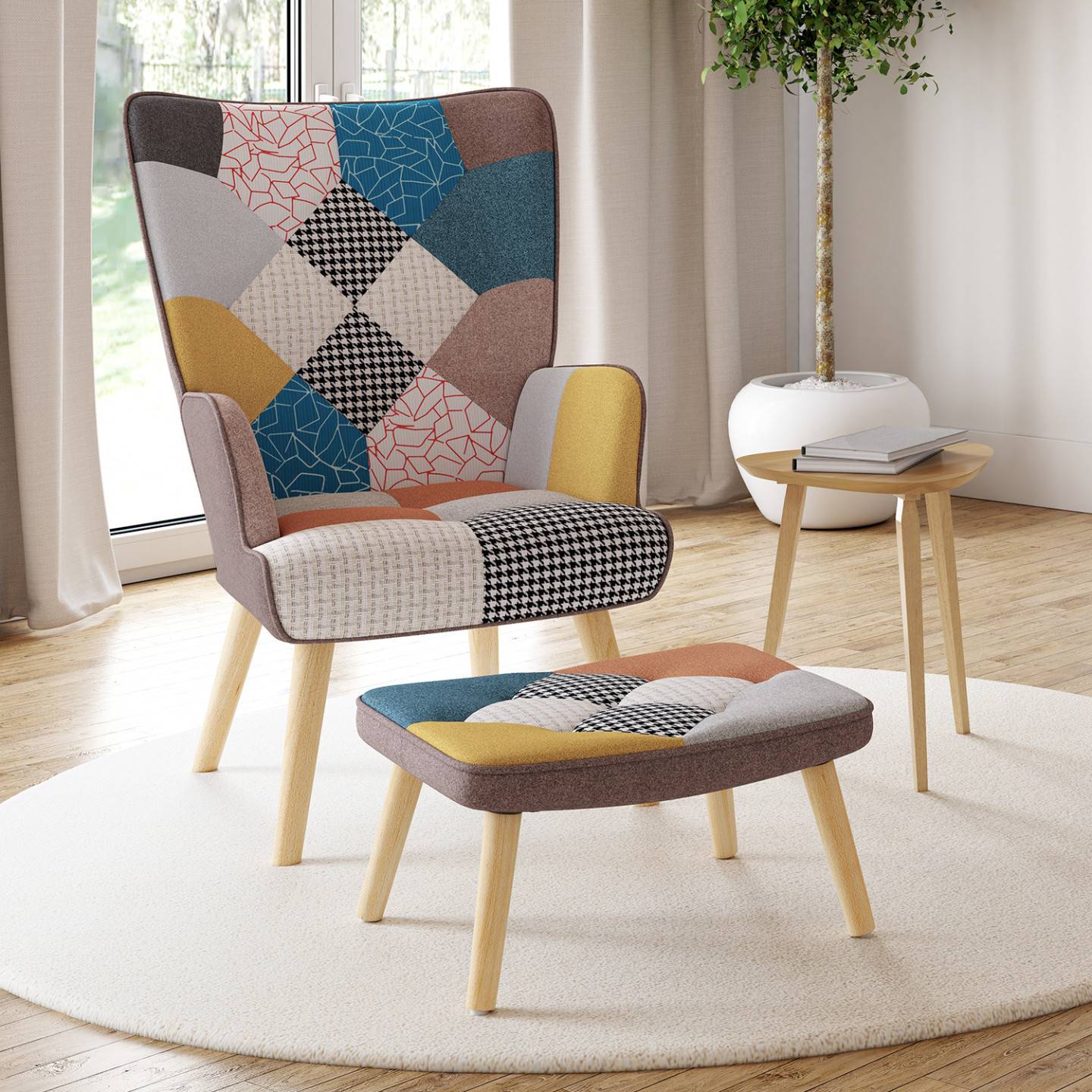 Fauteuil scandinave IVAR avec repose pieds en tissu patchwork multicouleurs - Image 1