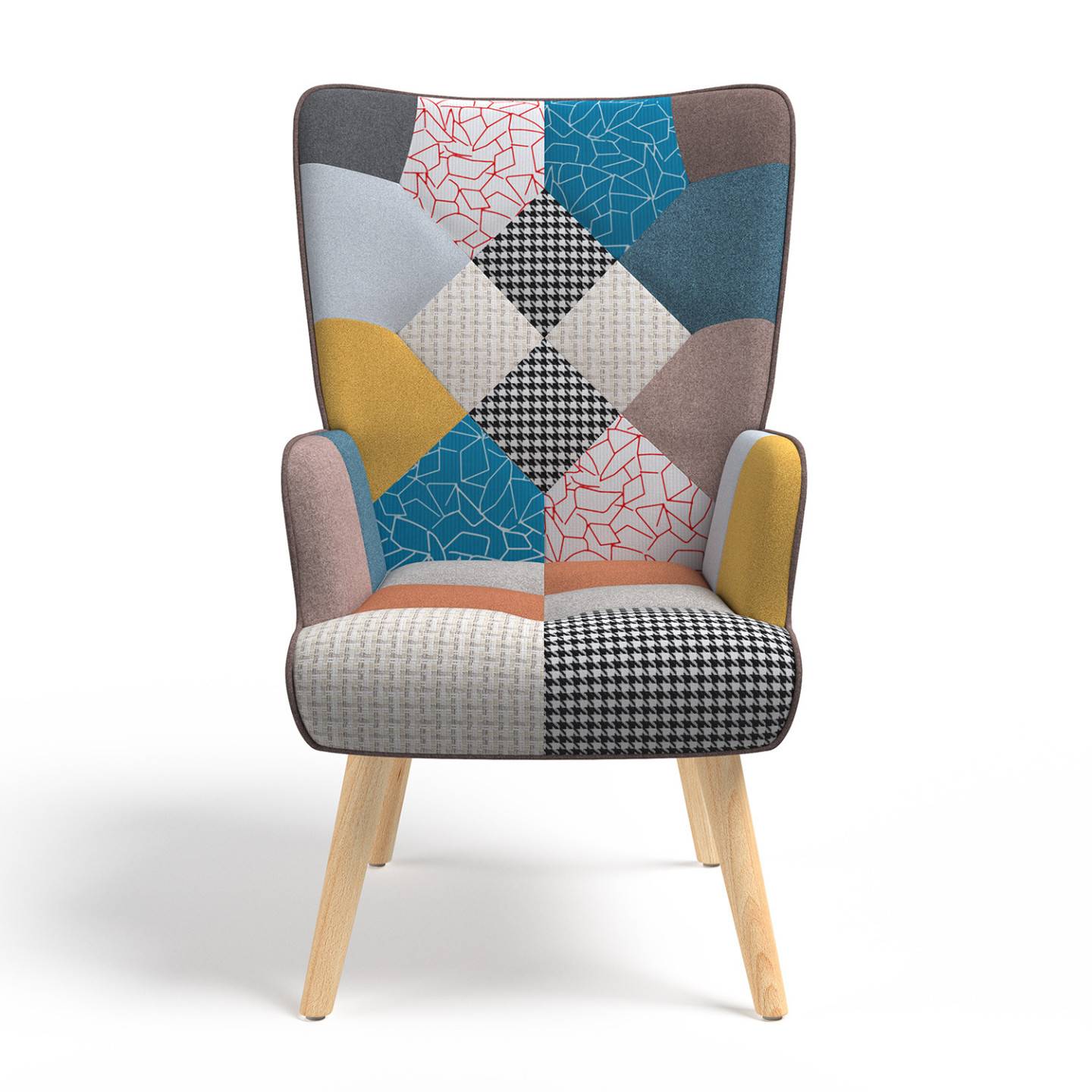 Fauteuil scandinave IVAR avec repose pieds en tissu patchwork multicouleurs - Image 3
