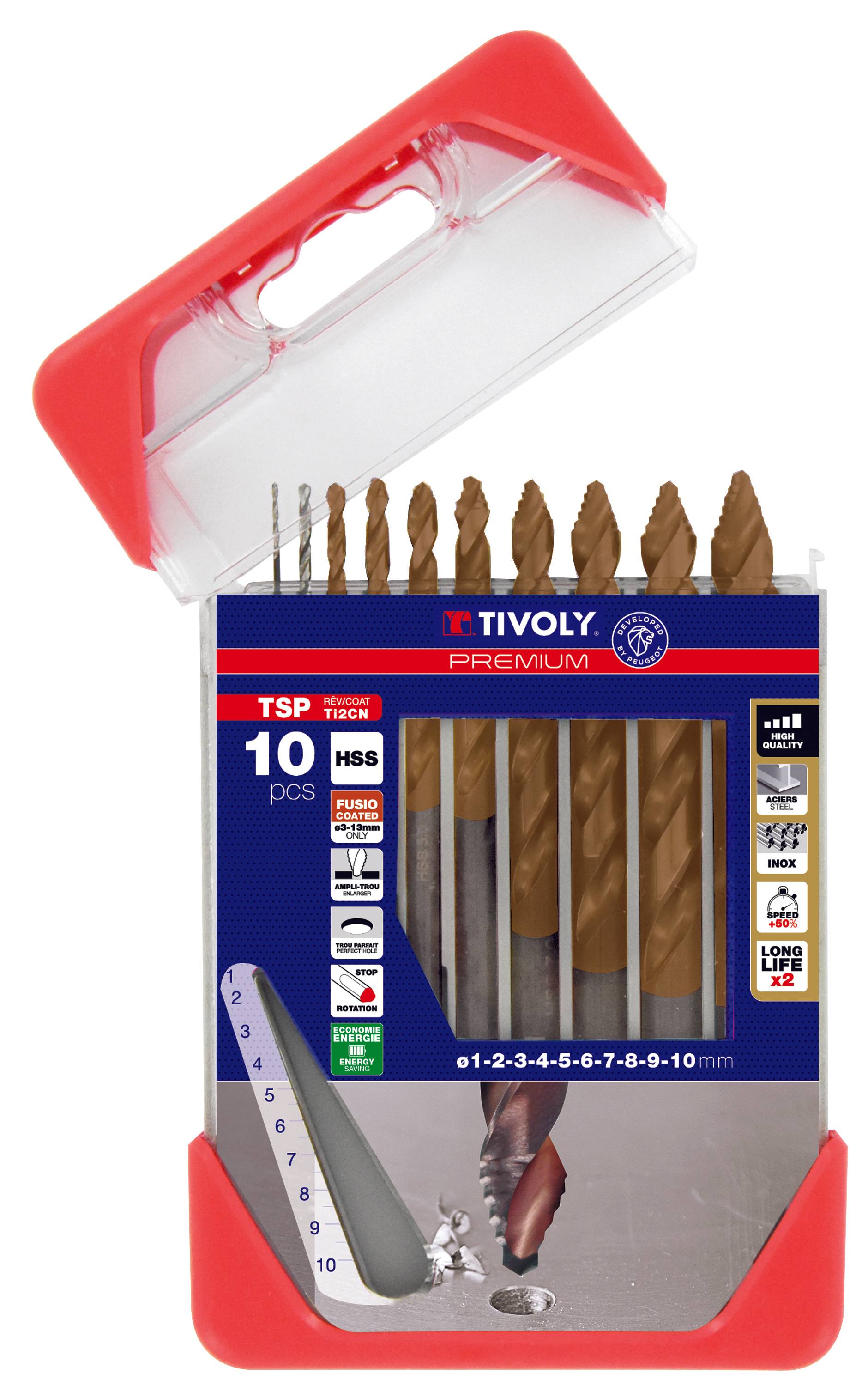 Tivoly - Tivoly  Coffret 10 forets métaux TSP HSS Affûtage étagé revêtu FUSIO Ø 1 à 10mm PREMIUM - Image 1