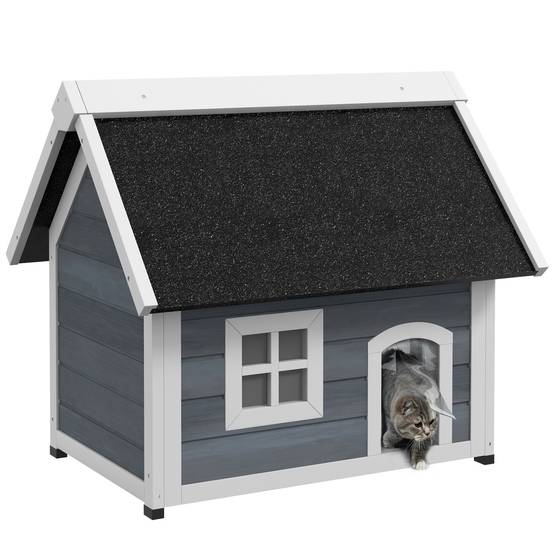 Niche pour Chat en Bois avec Toit Asphalte à Charnières, 3 Portes et Fenêtre, Usage Extérieur, 77 x 57,5 x 68 cm, Gris/Noir - Image 1