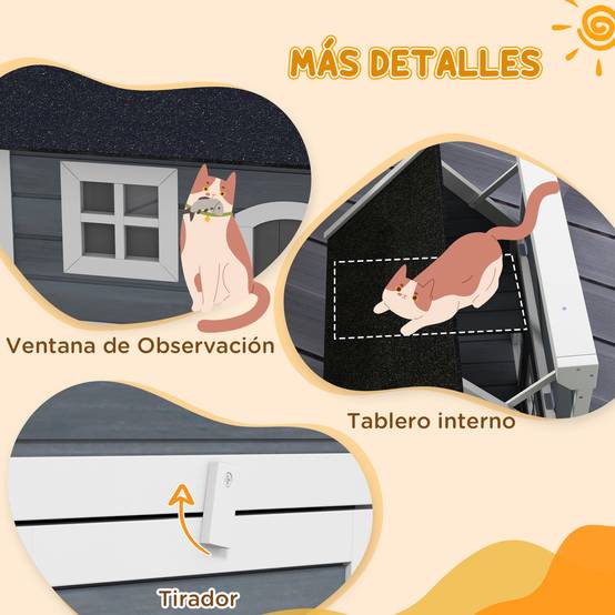 Niche pour Chat en Bois avec Toit Asphalte à Charnières, 3 Portes et Fenêtre, Usage Extérieur, 77 x 57,5 x 68 cm, Gris/Noir - Image 9