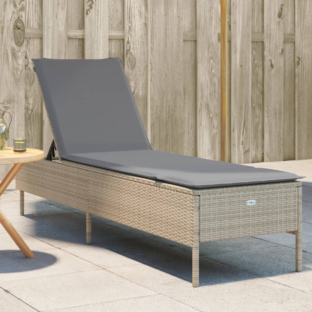 Chaise longue | Transat | Bain de soleil avec coussin beige résine tressée - Image 2