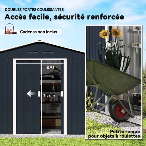Abri de jardin 5,4 m² 2,77 x 1,95 x 1,92 m kit de fondation incluse porte coulissante ventilations tôle acier gris foncé - Image 8