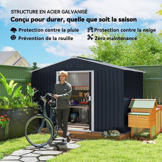 Abri de jardin 5,4 m² 2,77 x 1,95 x 1,92 m kit de fondation incluse porte coulissante ventilations tôle acier gris foncé - Image 7