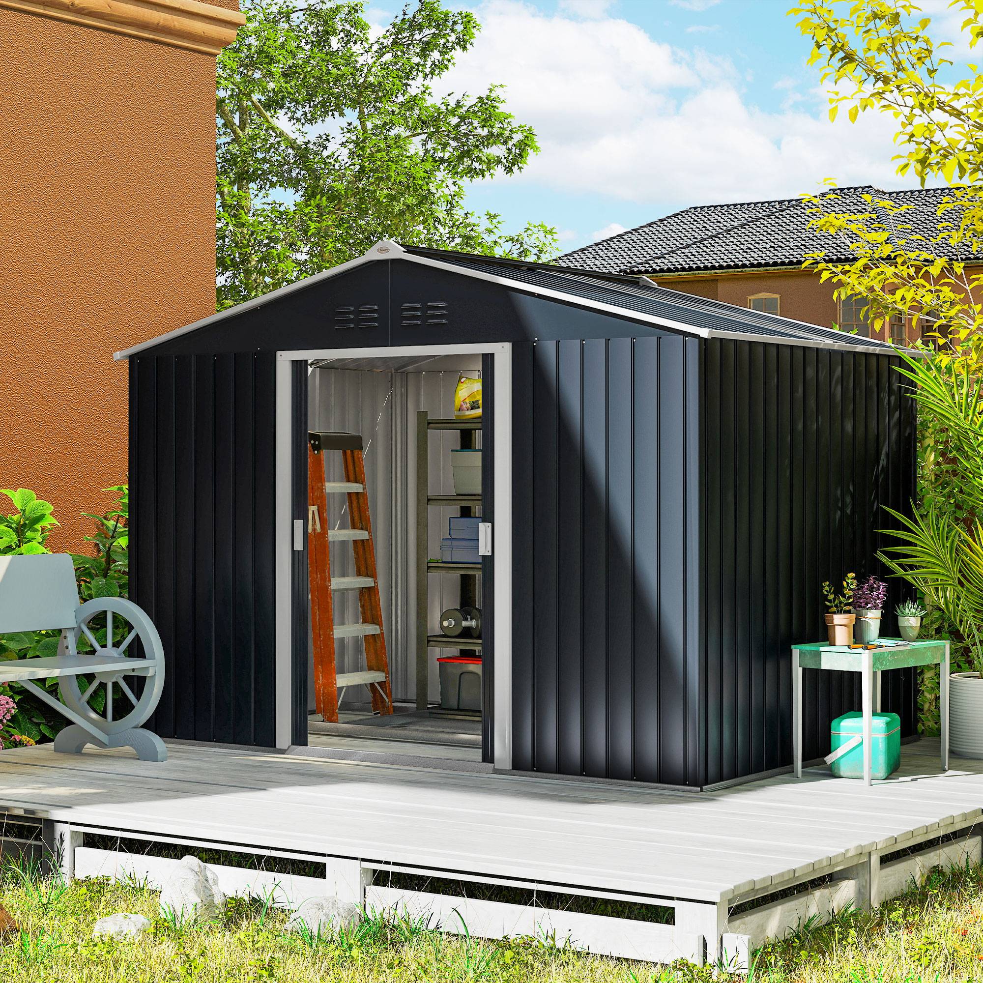 Abri de jardin 5,4 m² 2,77 x 1,95 x 1,92 m kit de fondation incluse porte coulissante ventilations tôle acier gris foncé - Image 3