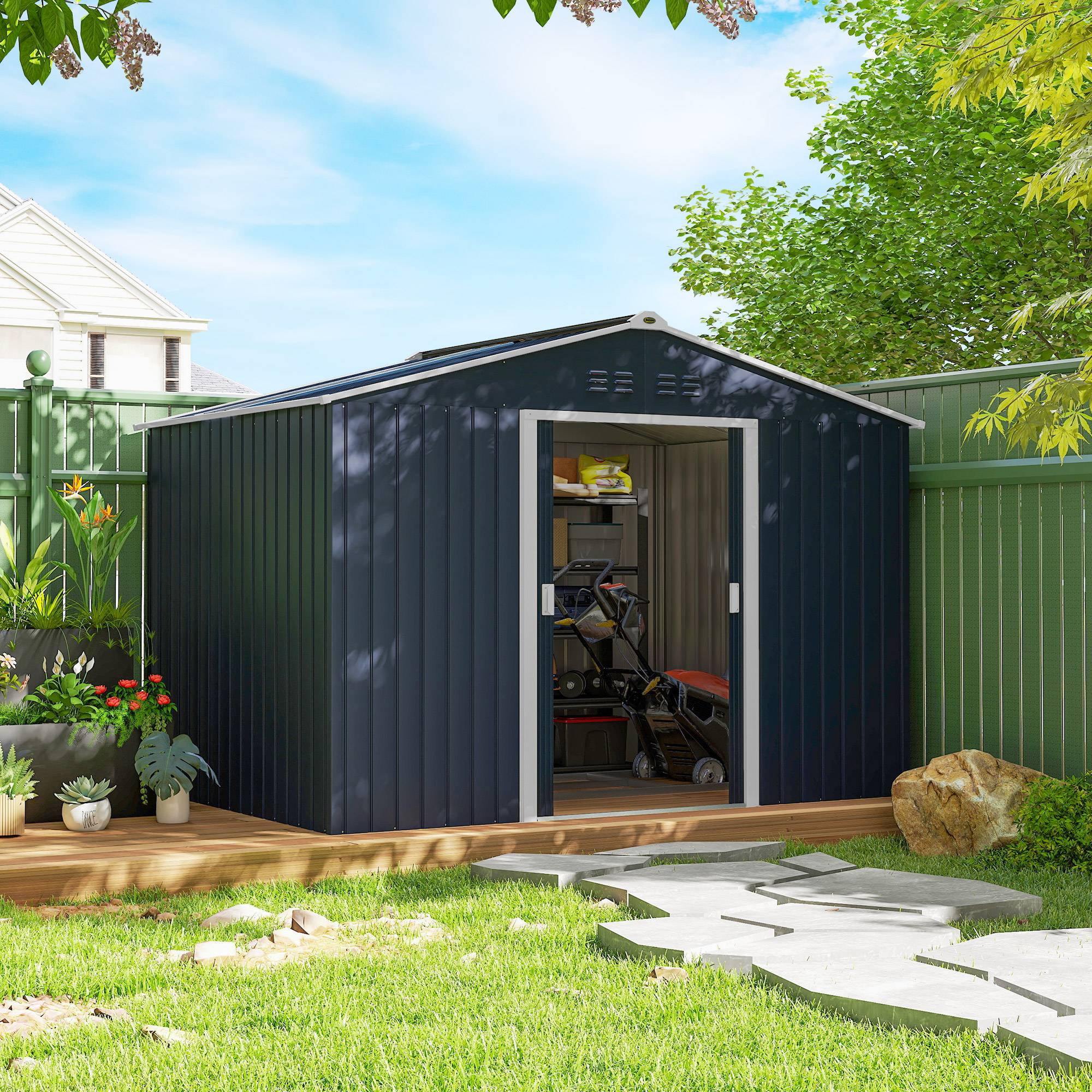 Abri de jardin 5,4 m² 2,77 x 1,95 x 1,92 m kit de fondation incluse porte coulissante ventilations tôle acier gris foncé - Image 4