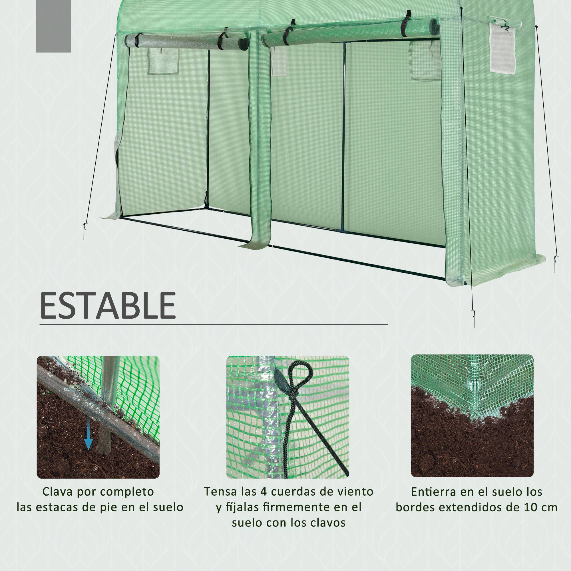 Serre de Jardin 300 x 100 x 200 cm avec 4 Fenêtres et 2 Portes, Structure Acier et Bâche PE 140 g/m² pour Plantes et Fleurs, Vert - Image 7