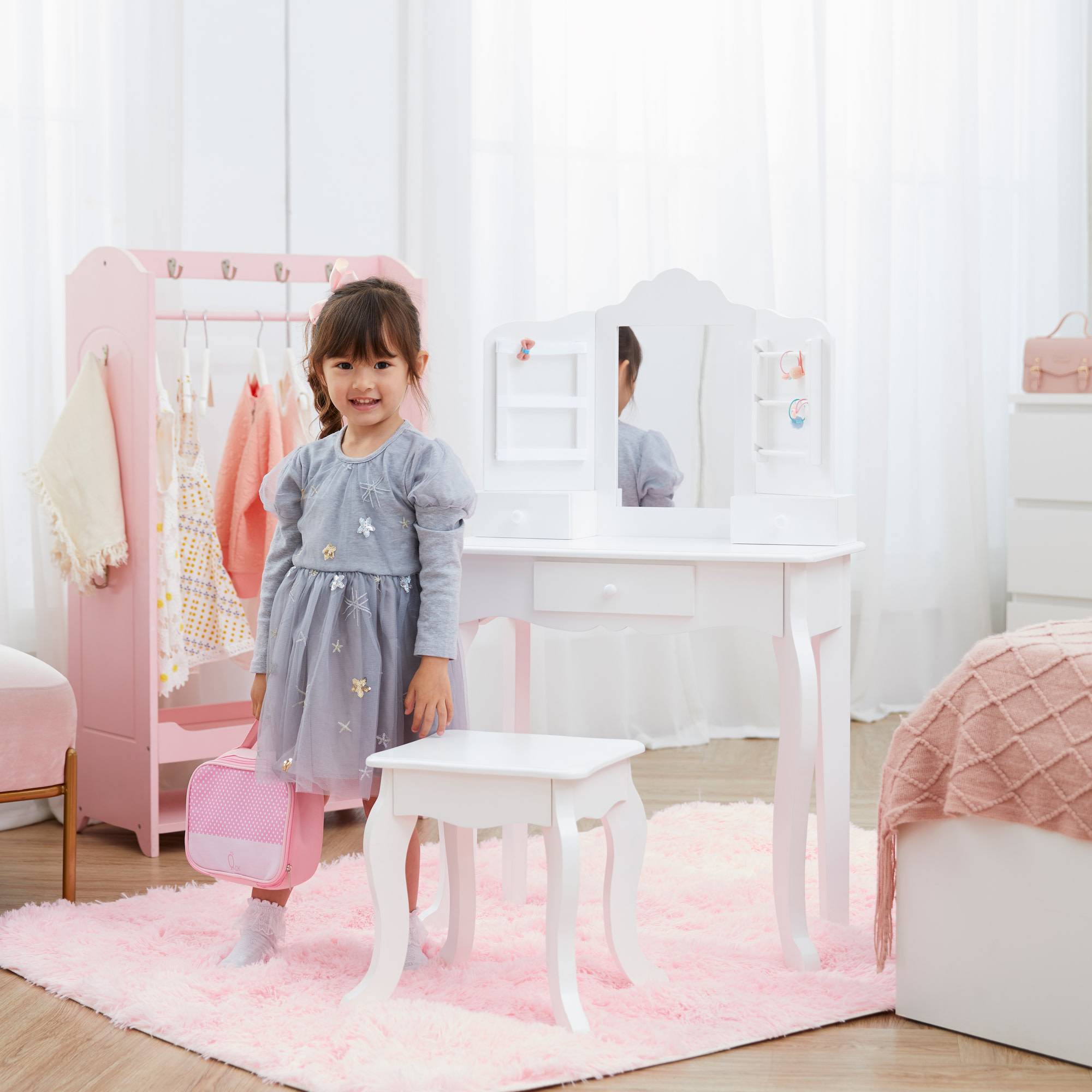 Coiffeuse enfant en effet bois blanc avec miroir Teamson Kids - Image 3